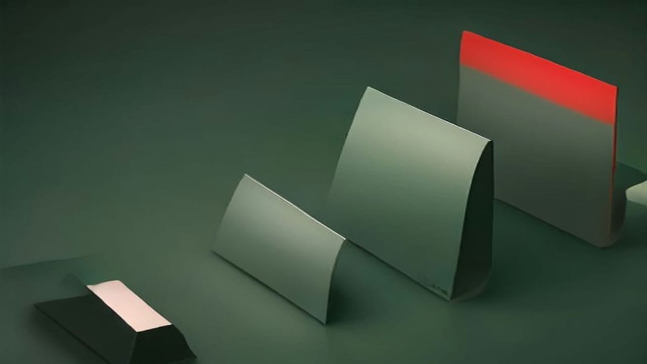 Drei gebogene Karten in aufsteigender Größe auf dunkelgrünem Grund, die letzte mit leuchtend roter Kante, davor ein flacher dunkler Block.