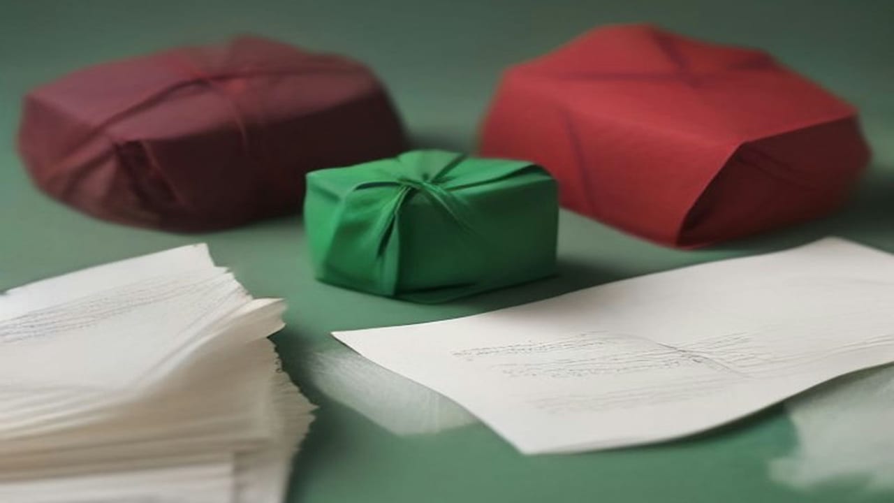 Tres bultos sobre fondo verde, envueltos en tela rojo oscuro, verde y roja, junto a una pila de papel y una hoja suelta — imagen simbólica del mismo documento tratado según convenciones distintas.