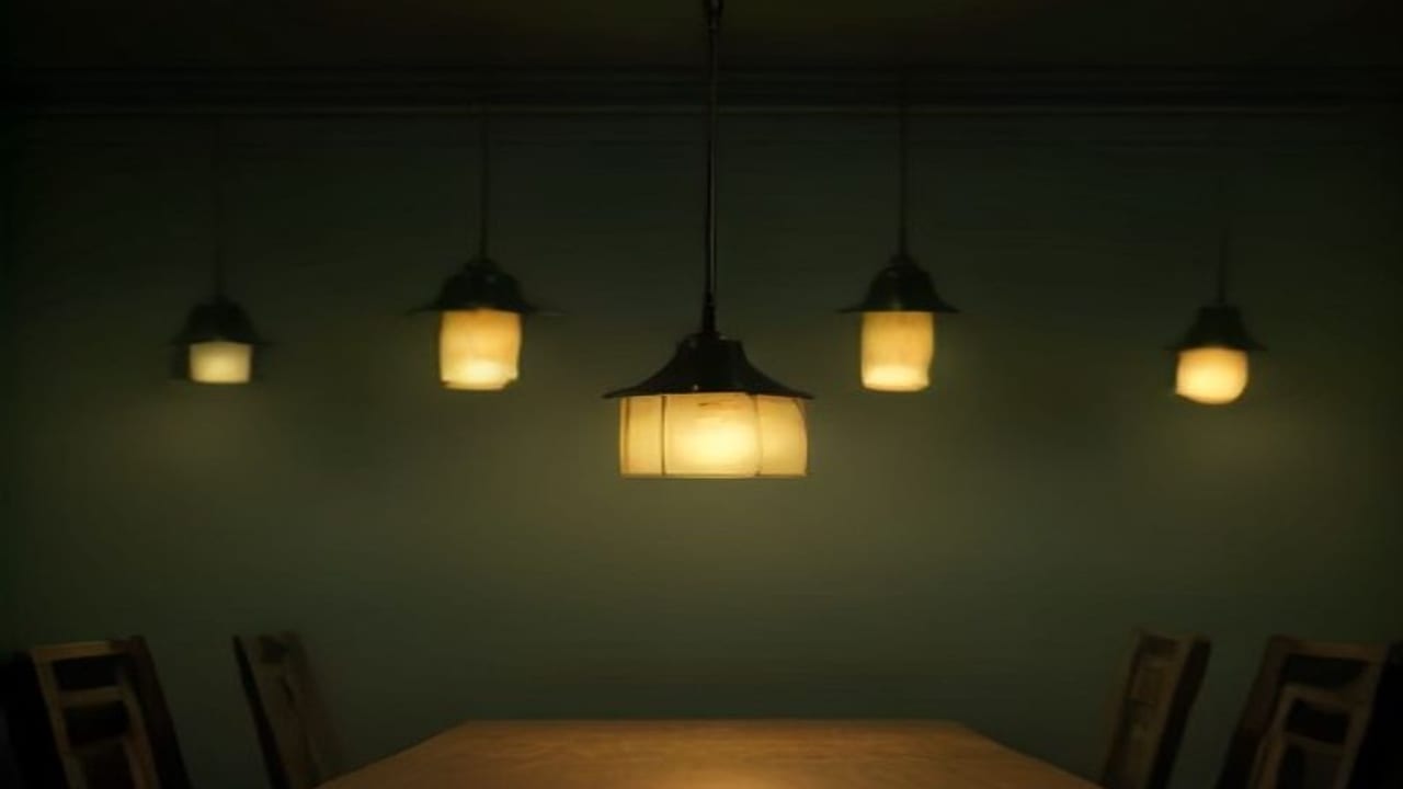 Five pendant lamps in a row above a dark meeting table — only the front one is lit, the four behind it wait dimmed.