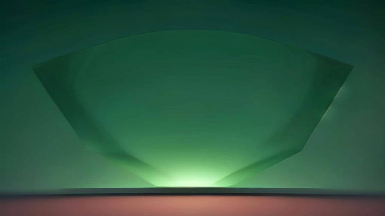 Une cloche de verre vert translucide, éclairée chaudement par en dessous, au-dessus d'un socle rougeâtre, comme une vitrine de musée.
