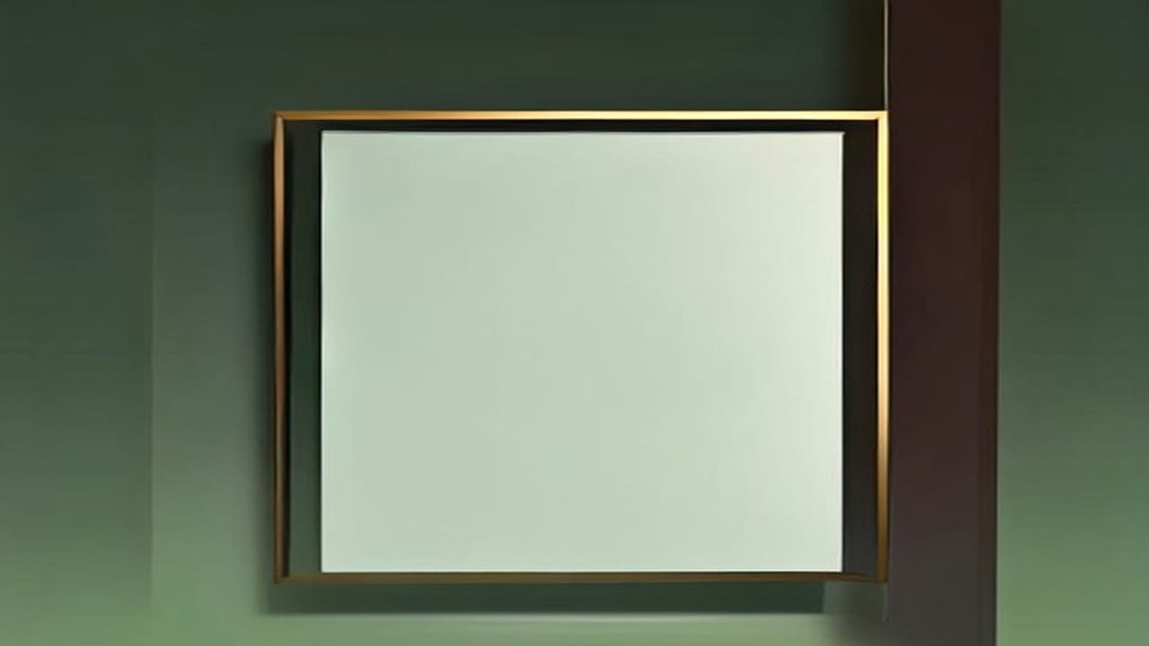 Ein leeres helles Blatt in einem schmalen Messingrahmen vor einer dunkelgrünen Wand, klar und nüchtern.