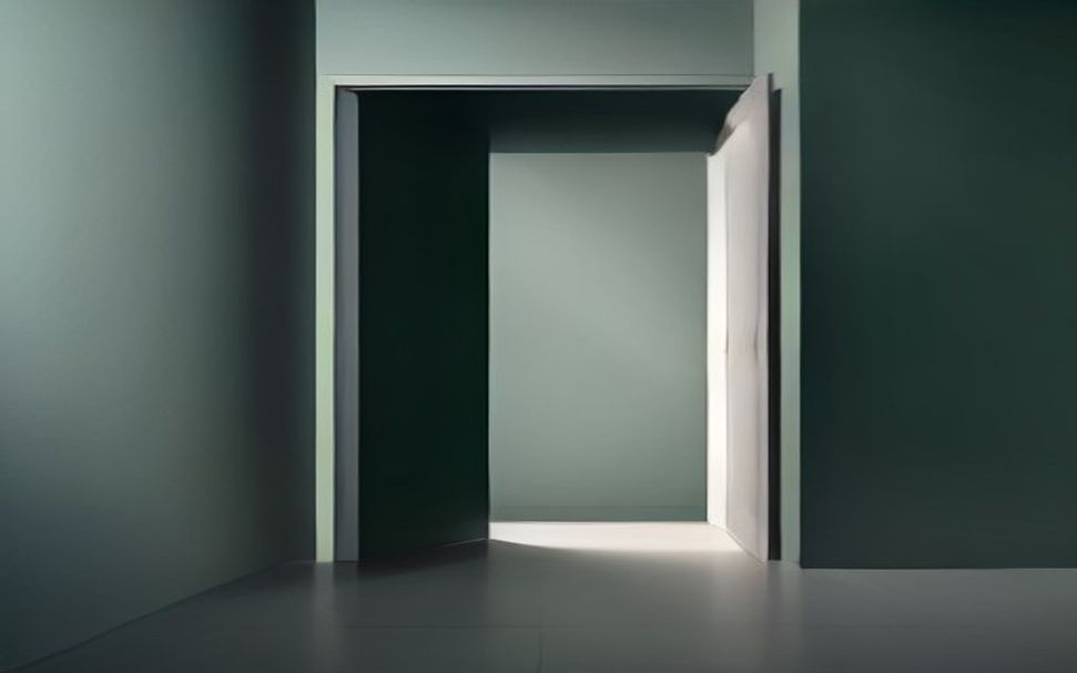 A narrow, half-open door in a dark wall; through the gap a cool strip of light falls onto the floor.