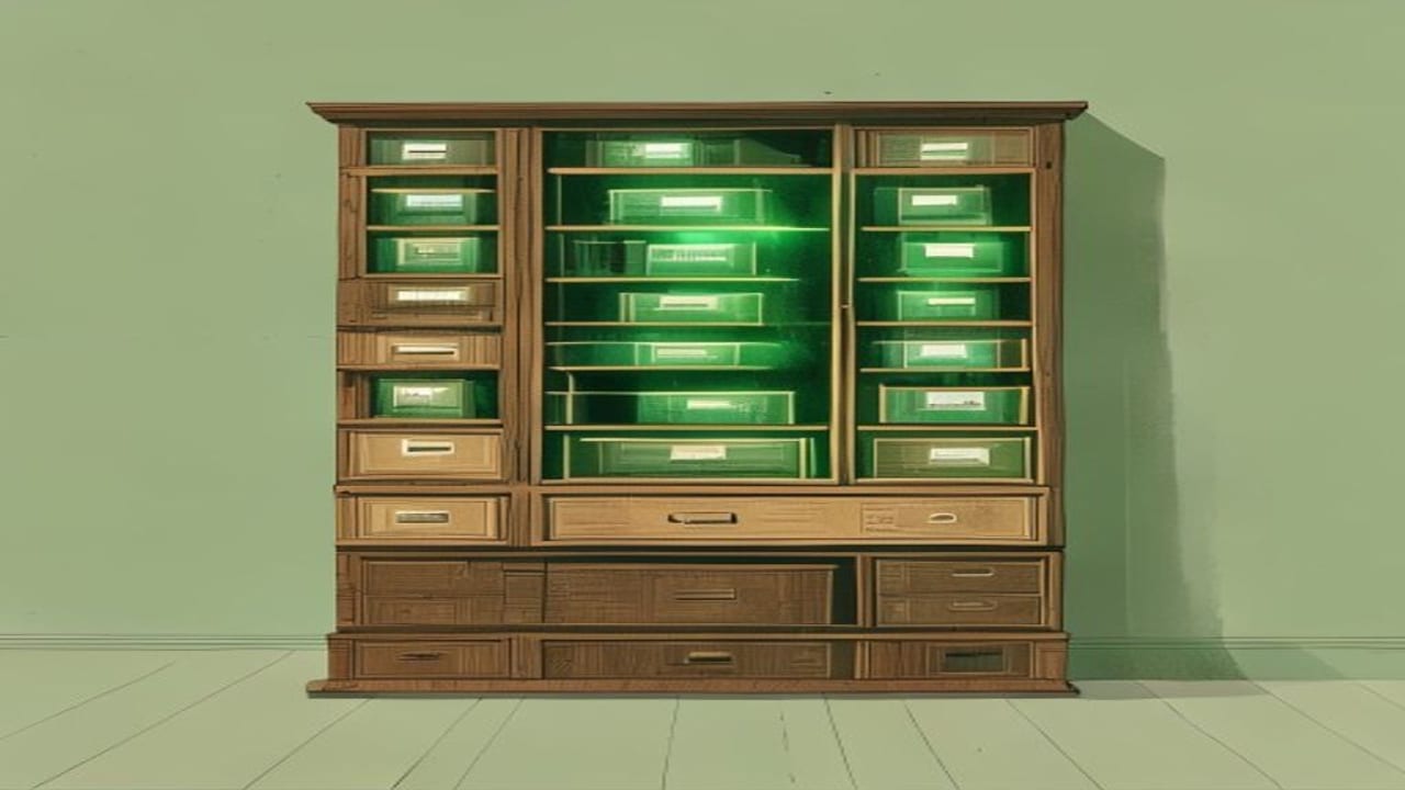 Uno schedario da biblioteca con tanti piccoli cassetti, alcuni aperti e illuminati di verde dall'interno — immagine simbolica dei profili per area del diritto.