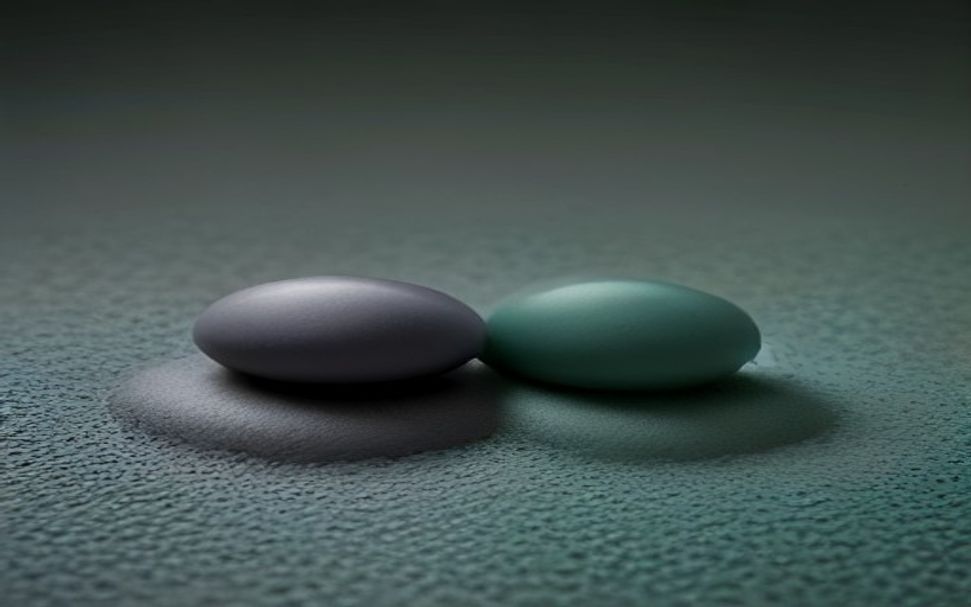 Two almost identical smooth pebbles lie side by side on a dark ground, with a fine thread of light between them that does not yet connect the two.