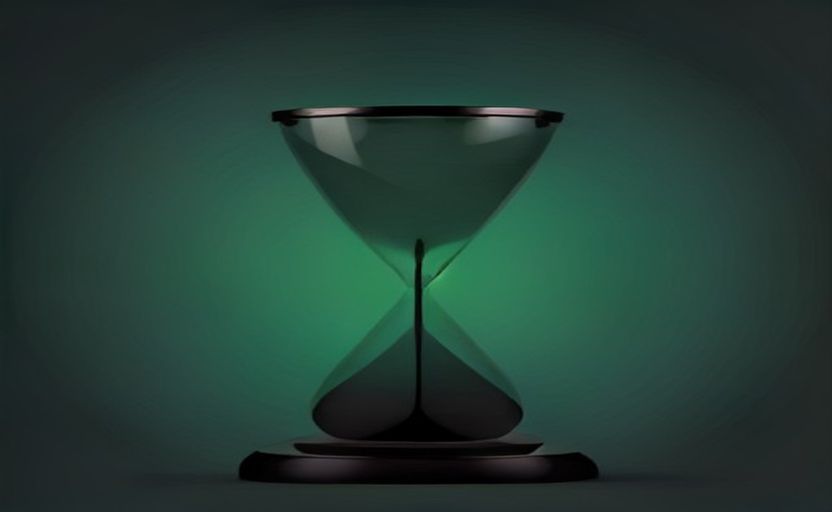 Symbolbild für den österreichischen Fristenrechner: eine stilisierte Sanduhr, verschmolzen mit einer Waage, vor dunklem Grün-Oxblood-Hintergrund
