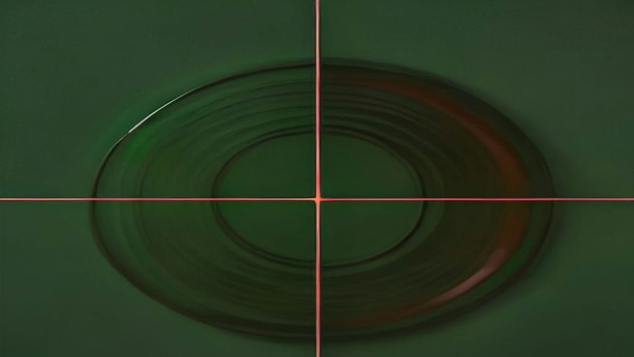 Un fin réticule rouge divise un fond vert foncé en quatre champs, avec en dessous des anneaux concentriques, comme le repère d'une échéance.