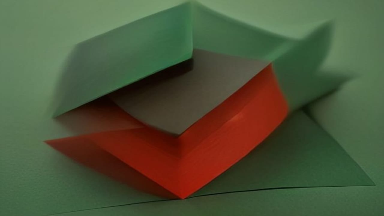 Mehrere lose grüne Papierbögen mit einem warm rot leuchtenden Rand fügen sich vor dunkelgrünem Hintergrund zu einem einzigen Stapel zusammen.
