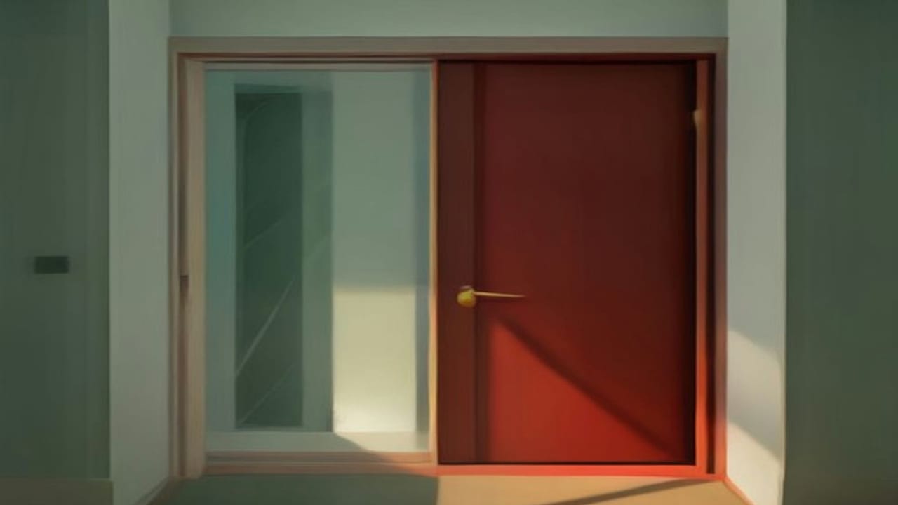 Un encadrement de porte avec un côté vitré clair ouvert et une porte rouge, par lequel une lumière chaude tombe sur le sol.