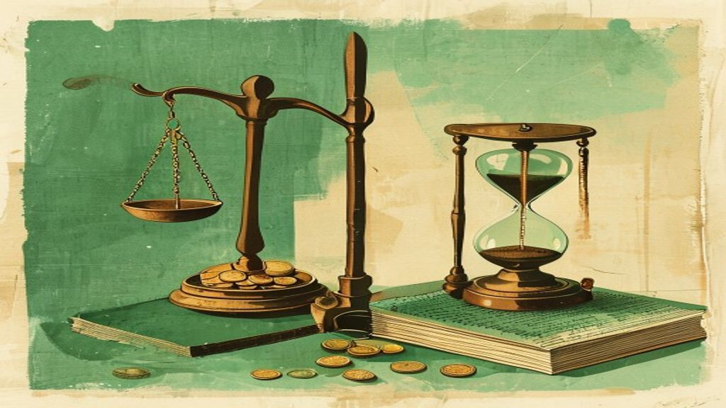 Symbolic image for the cost-benefit calculation of AI in a law firm: a set of scales with licensing, training and oversight effort on one side and the time saved in day-to-day work on the other.