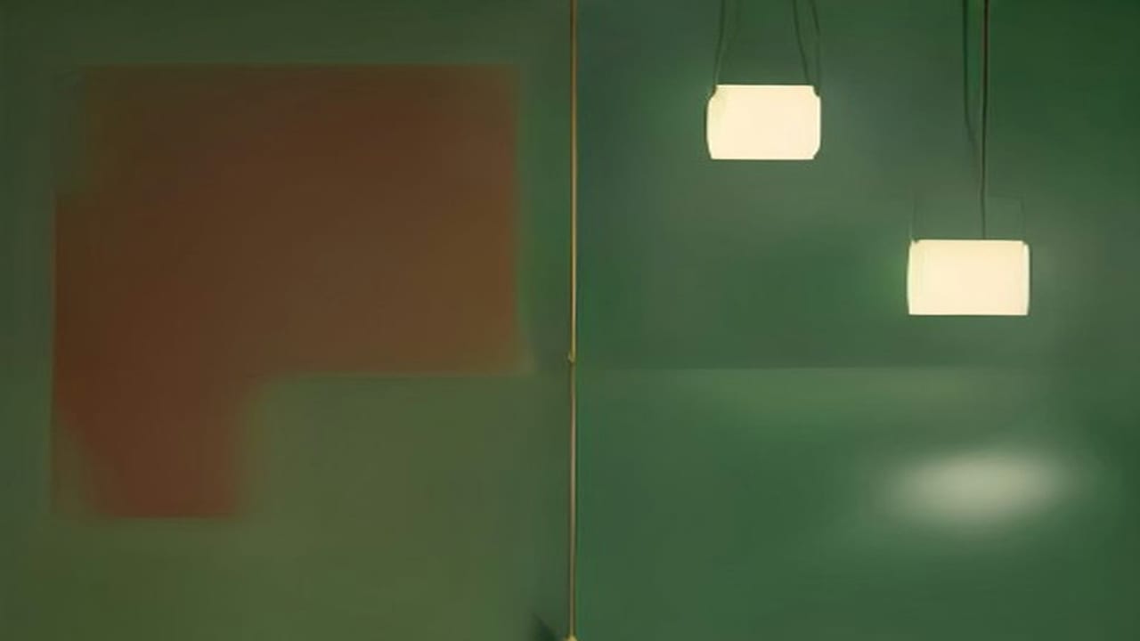 Zwei warm leuchtende Hängelampen vor einer dunkelgrünen Wand werfen einen einzelnen Lichtfleck, daneben eine rötliche, im Schatten liegende Fläche.