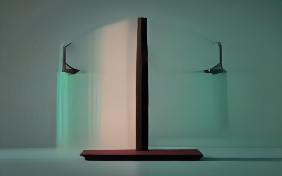A heavy stone scale pan in half-darkness, on which a single bright point of light rests, while the rest of the room lies in deep shadow.