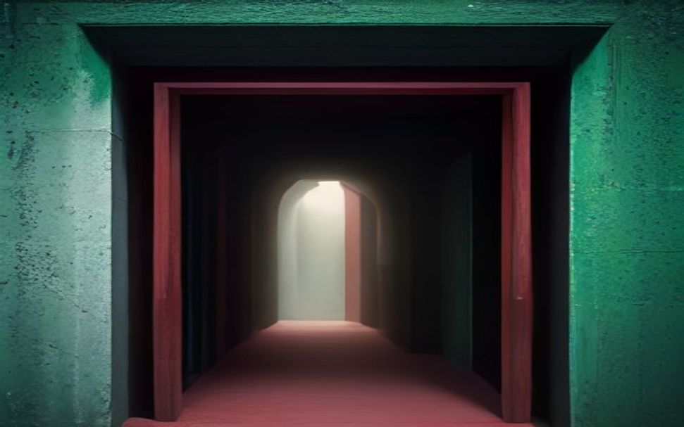 Una abertura de paso estrecha en un muro oscuro y macizo, detrás una luz clara y uniforme, y delante ninguna barrera.