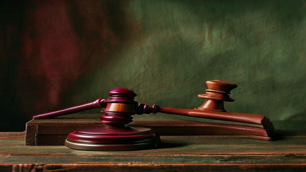 Symbolic image for the hearing simulation: a gavel next to two facing figures on dark wood