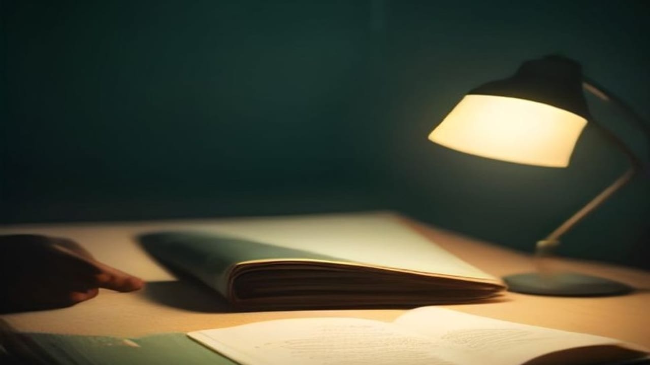 Una mano colocando una pequeña placa opaca sobre una sola palabra de una página impresa, junto a documentos ordenadamente extendidos bajo una lámpara de escritorio cálida