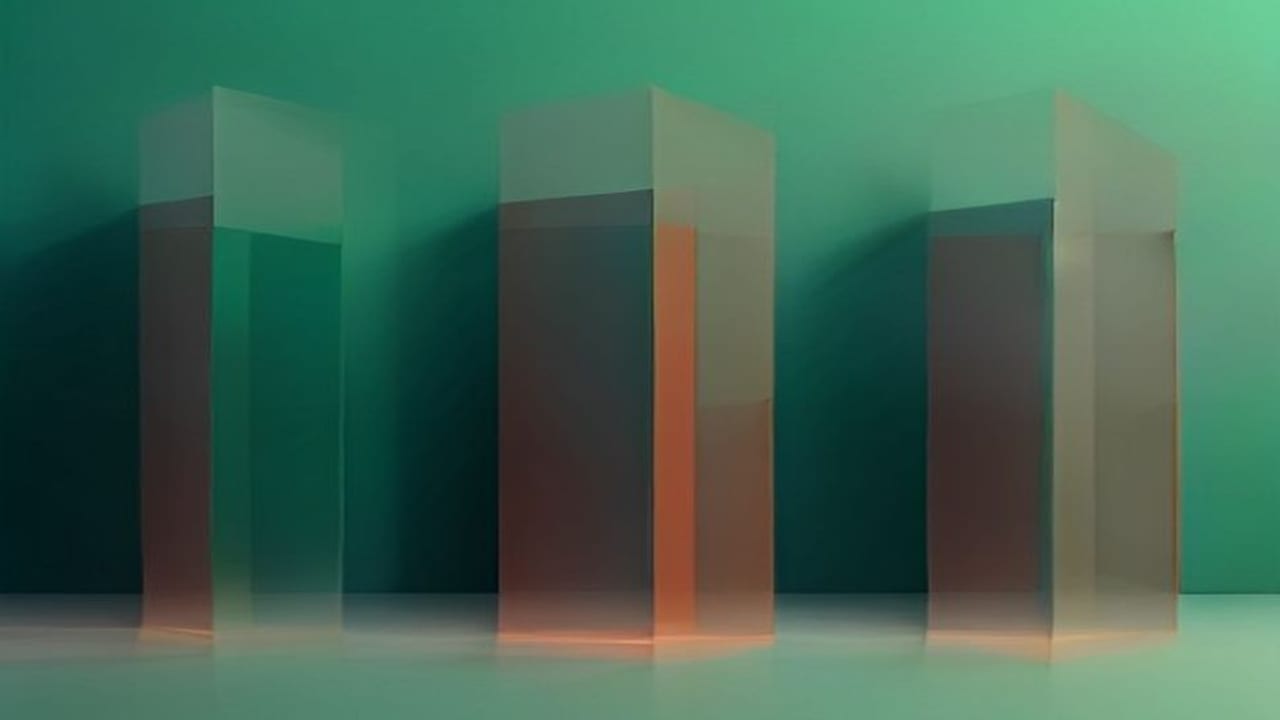 Tre teche semitrasparenti disposte verticalmente davanti a una parete verde scuro, una delle quali illuminata da una luce calda.