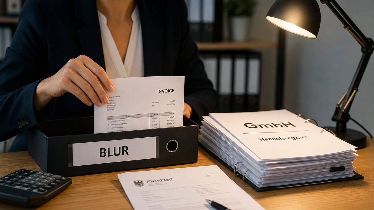 Stapel Rechnungen mit kleinem UG-Firmenschild auf modernem Schreibtisch