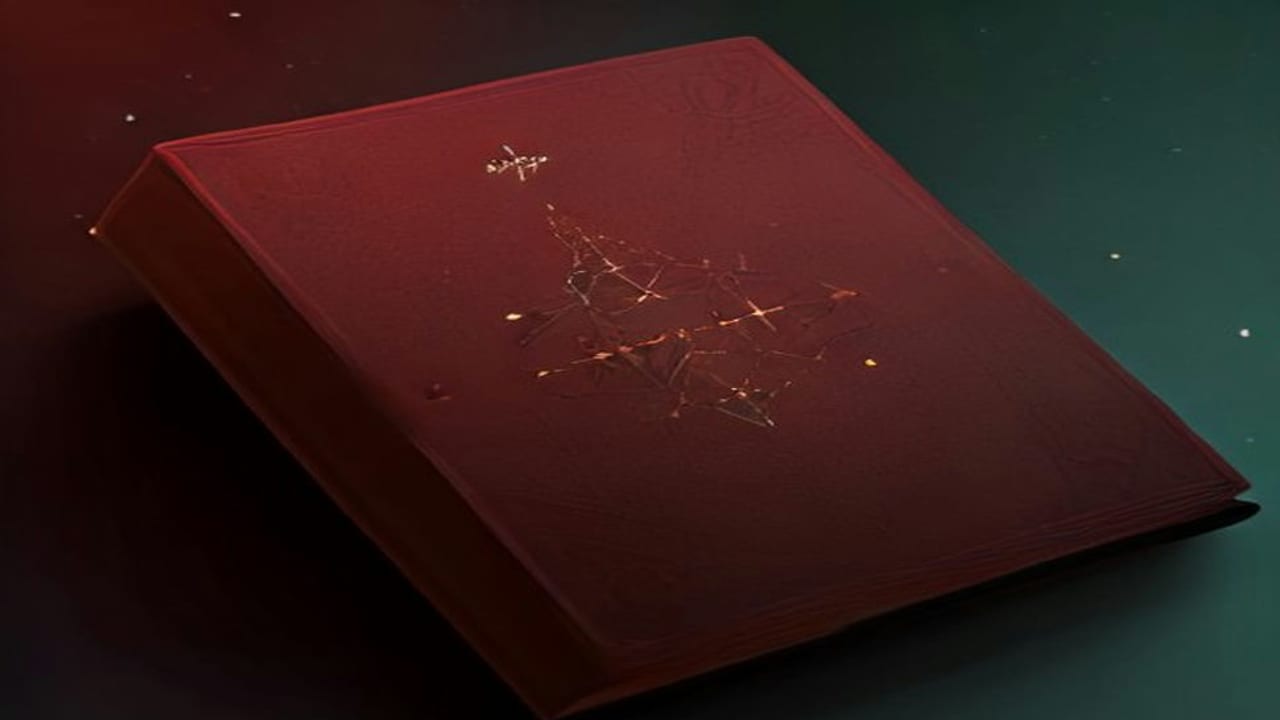 Un livre rouge foncé sur fond vert, une constellation de fines lignes dorées sur la couverture, de petits points lumineux tout autour.