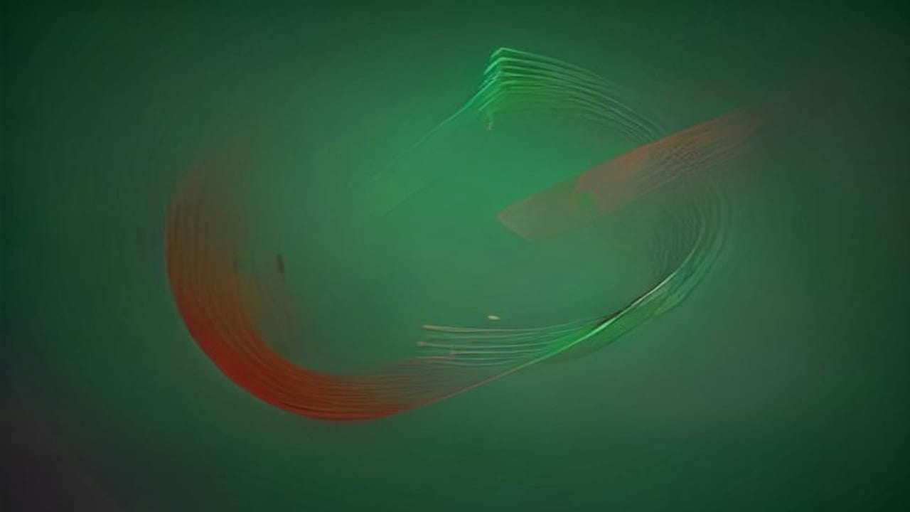 Feine grüne und rote Linien, die wie eine Schallwelle in einem weiten Bogen über einen dunkelgrünen Grund schwingen.