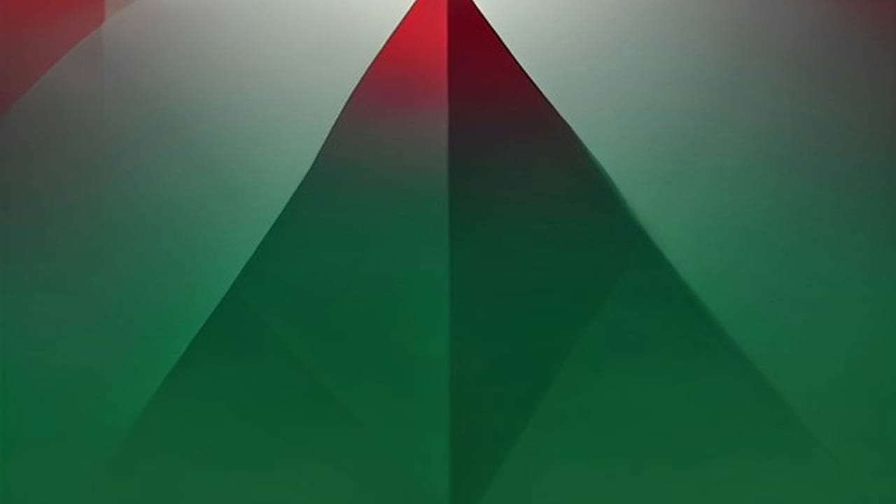 Superfici astratte di un verde profondo che convergono in una punta rossa – simbolo di versioni che risalgono a un'origine.