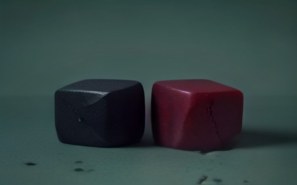 Two stone blocks of unequal weight on a smooth dark surface, one brightly lit, the other almost entirely in shadow, with a narrow gap between them.