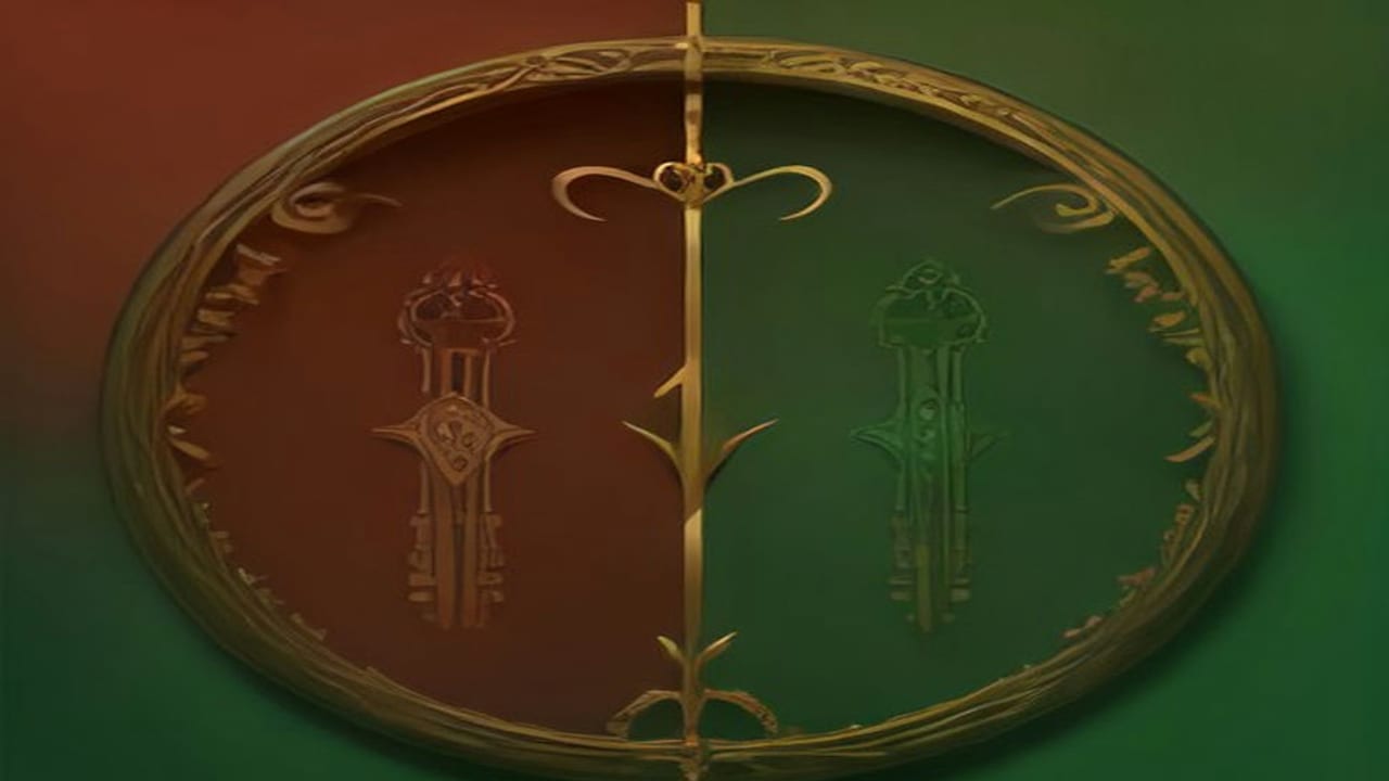Un cadre ovale en laiton partagé en une moitié rouge et une moitié verte, avec une clé ouvragée dans chaque moitié.