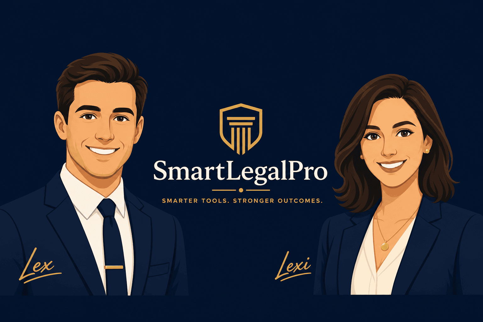 Lex und Lexi, die beiden KI-Personas von Smart Legal Pro, nebeneinander mit dem Logo — KI-Sparringspartner im Anwaltsportal
